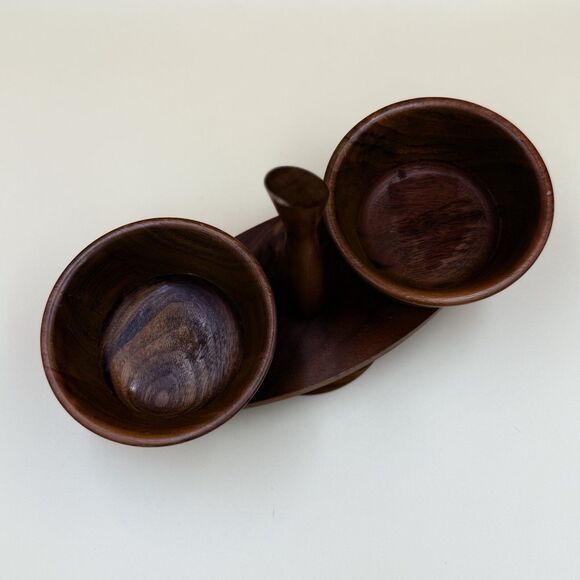 Vintage Kustom Kraft Solid Walnut Dip Set - MCM Snack Server USA - Picture 4 of 13